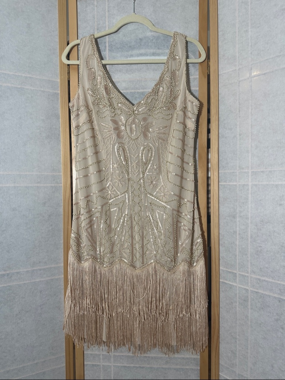Beaded Fringe Mini Dress in Champagne